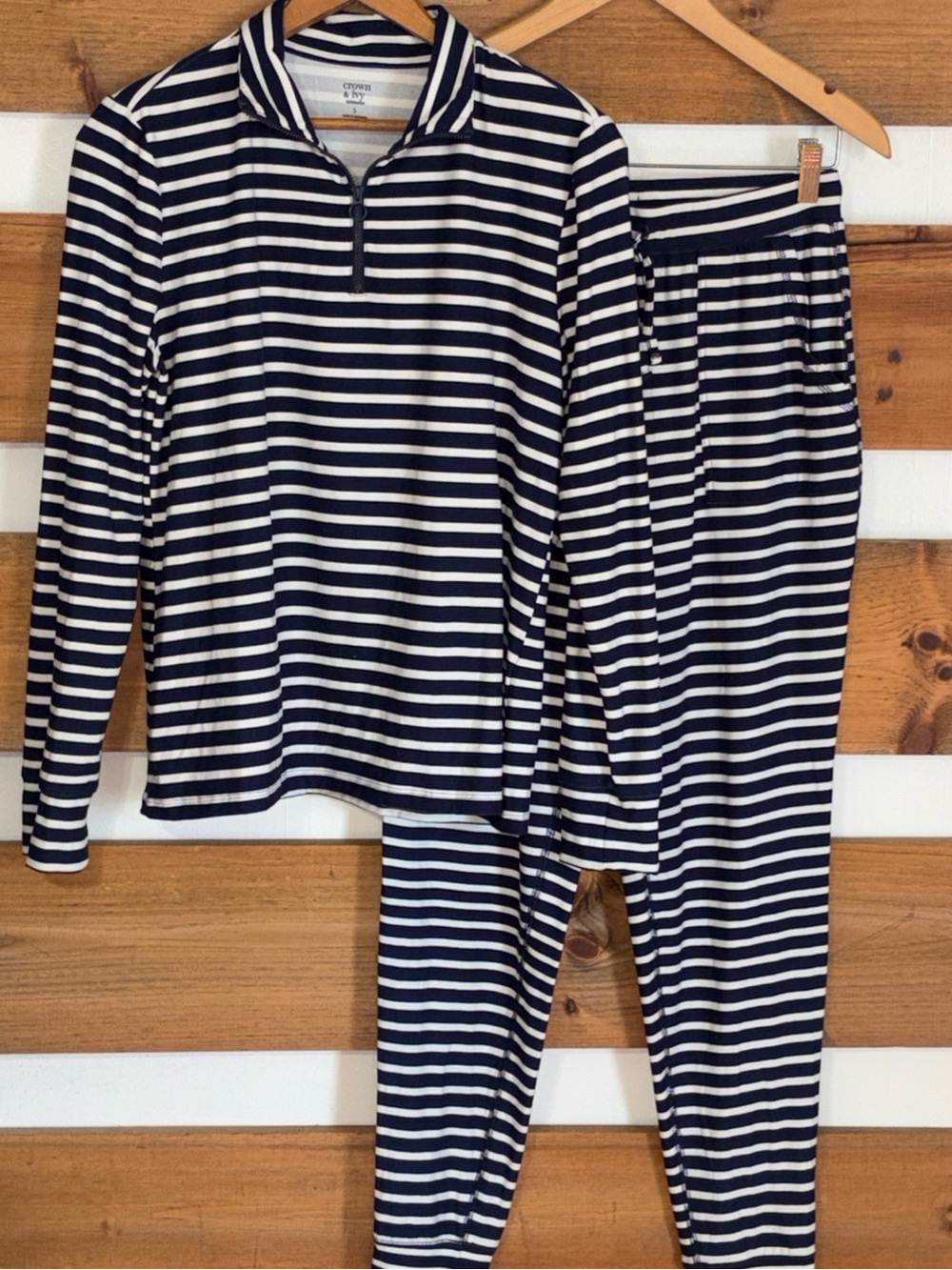 Crown & Ivy Intimates Navy & White Striped Long Sleeve & Pants PJ Set Size Small